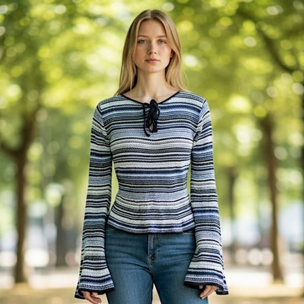 90s Sweater Blue Striped Sz M Open Knit Keyhole Bow Made‎ In UsA Coquette Thin